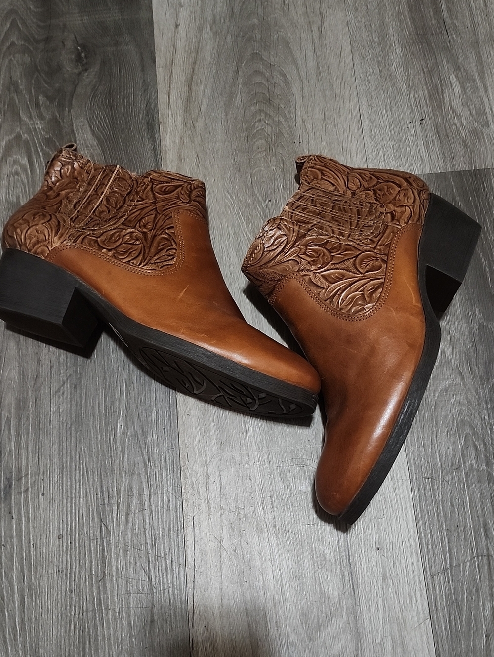Women's Brown Embossed Leather Ankle Boots